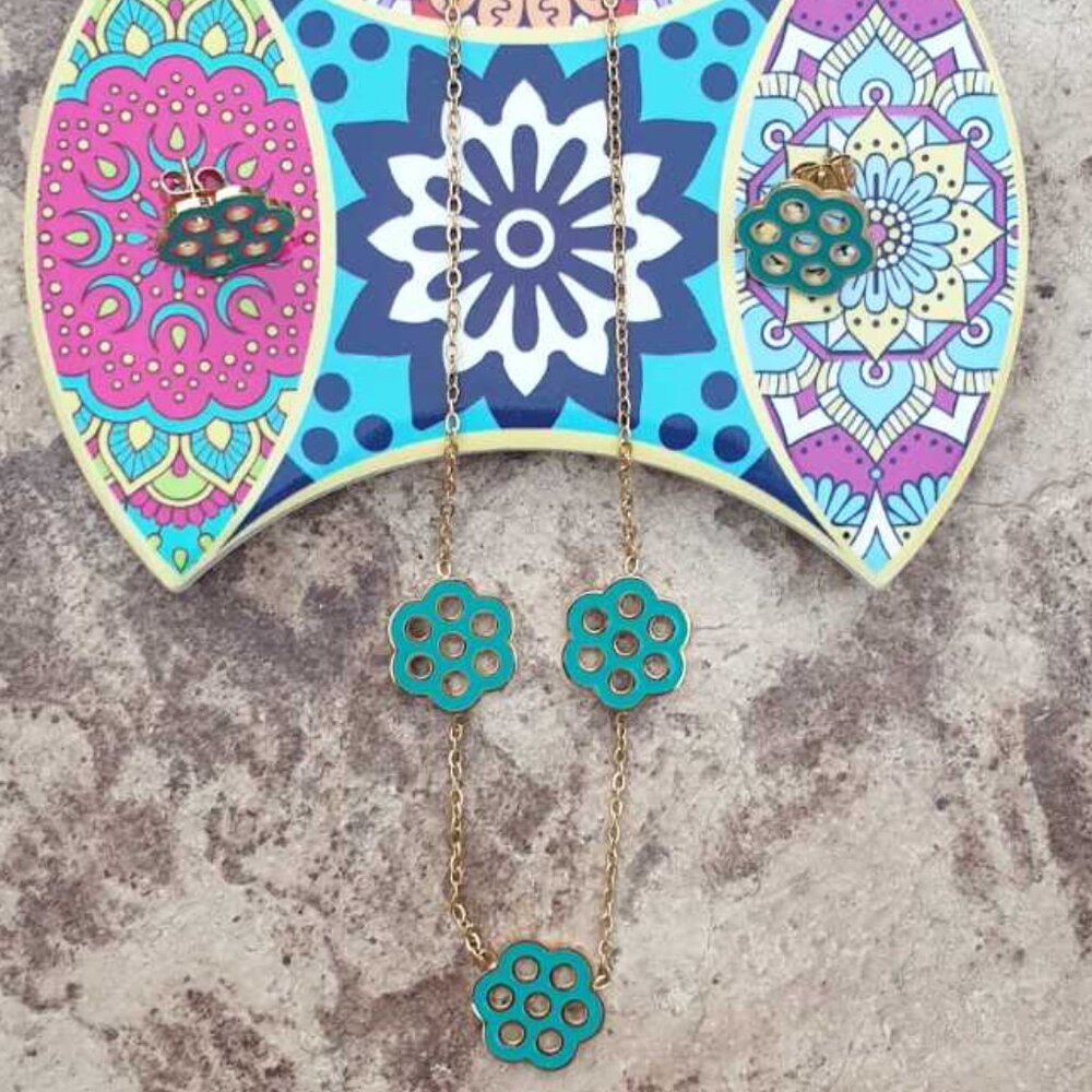 Evil Eye Gold Blue Charms Metal Necklace Earrings Set Fashion Women Jewelry Gift